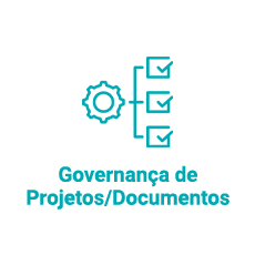 Ícone de engrenagem ligado a 3 ícones de tarefa concluída, abaixo os escritos "Governança de Projetos/Documentos".