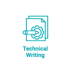 Ícone de duas folhas de papel sobrepostas com uma engrenagem na frente e um lápis, abaixo os escritos "Technical Writing".