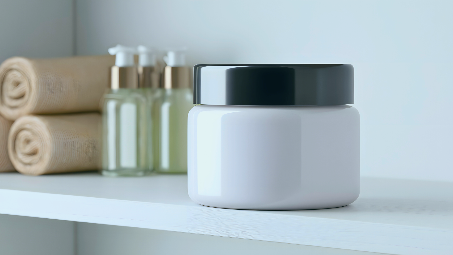 Prateleira com cosméticos sem rótulo